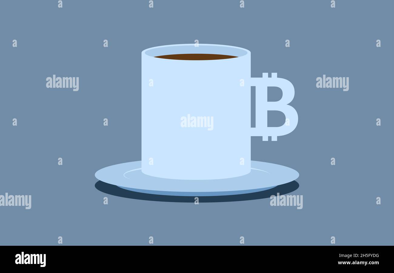 A cup of coffee or tea with a handle in the shape of a bitcoin symbol. Concept illustration of accepting cryptocurrency payments. Stock Photo