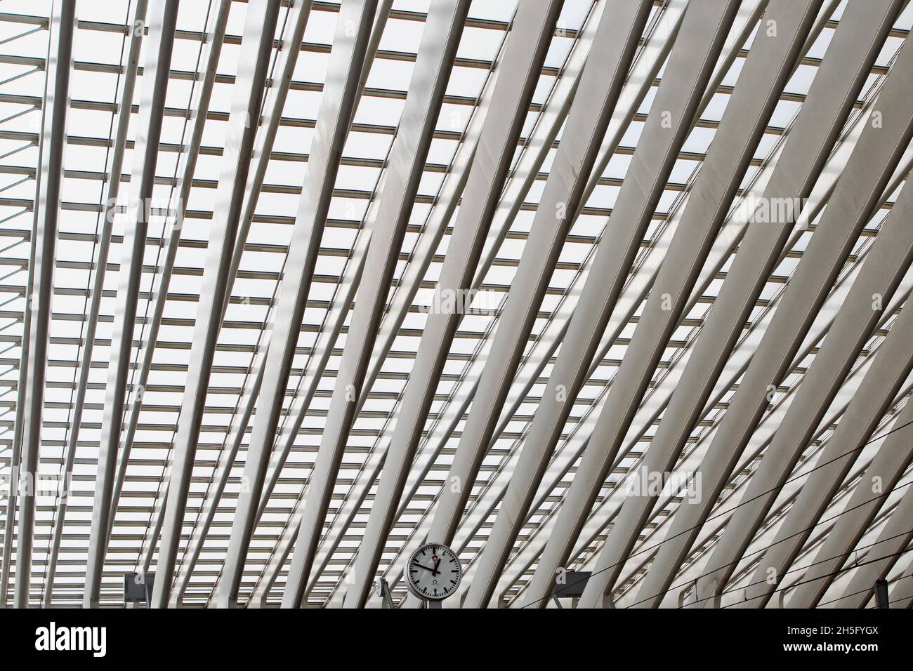 Abstrakte, grafische Dachstruktur mit zahlreichen Streben und Fenstern des Bahnhofs Bahnhof Liège-Guillemins, in Lüttich, Wallonie, Belgien. Stock Photo