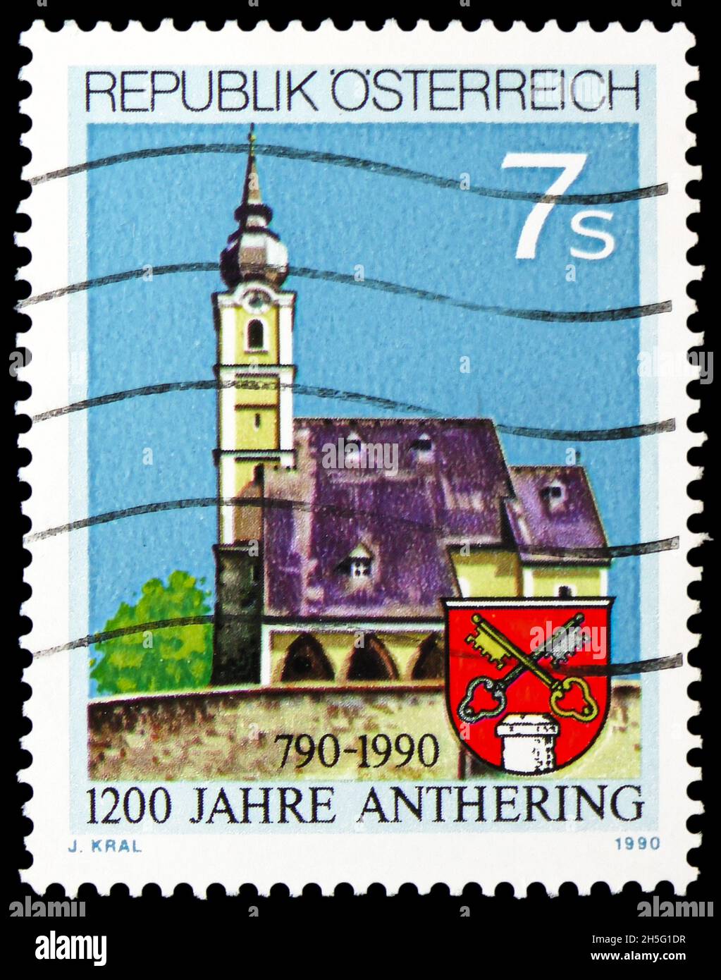 MOSCOW, RUSSIA - OCTOBER 24, 2021: Postage stamp printed in Austria devoted to 1200th Anniversary of Anthering (Salzburg), circa 1990 Stock Photo