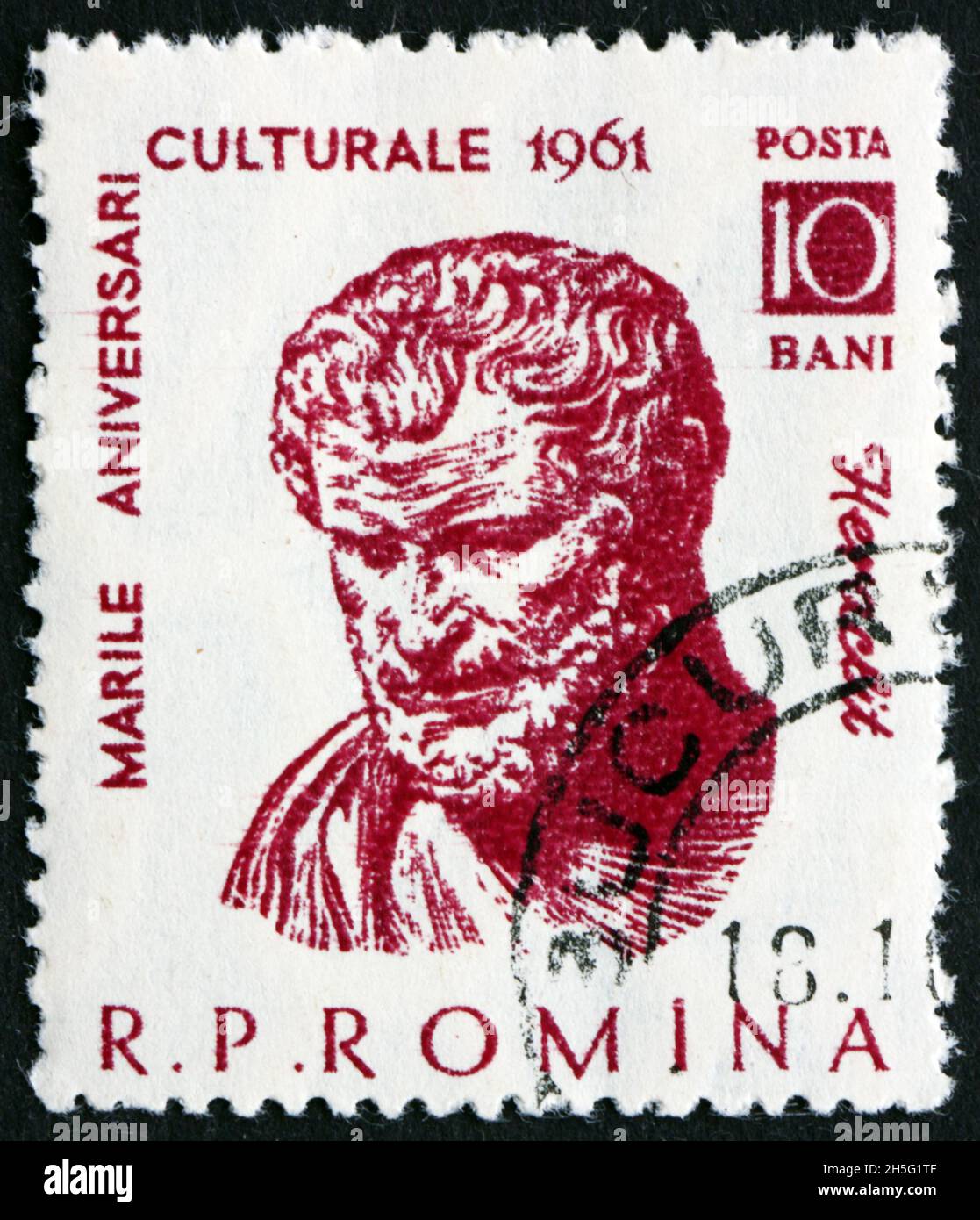 ROMANIA - CIRCA 1961: a stamp printed in Romania shows Heraclitus of Ephesus, was a pre-Socratic Ionian Greek philosopher, circa 1961 Stock Photo