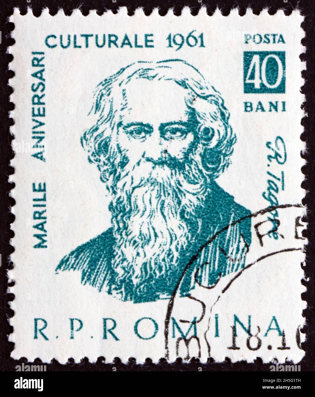 ROMANIA - CIRCA 1961: a stamp printed in Romania shows Rabindranath Tagore, was a polymath, poet, musician and artist from the Indian subcontinent, ci Stock Photo