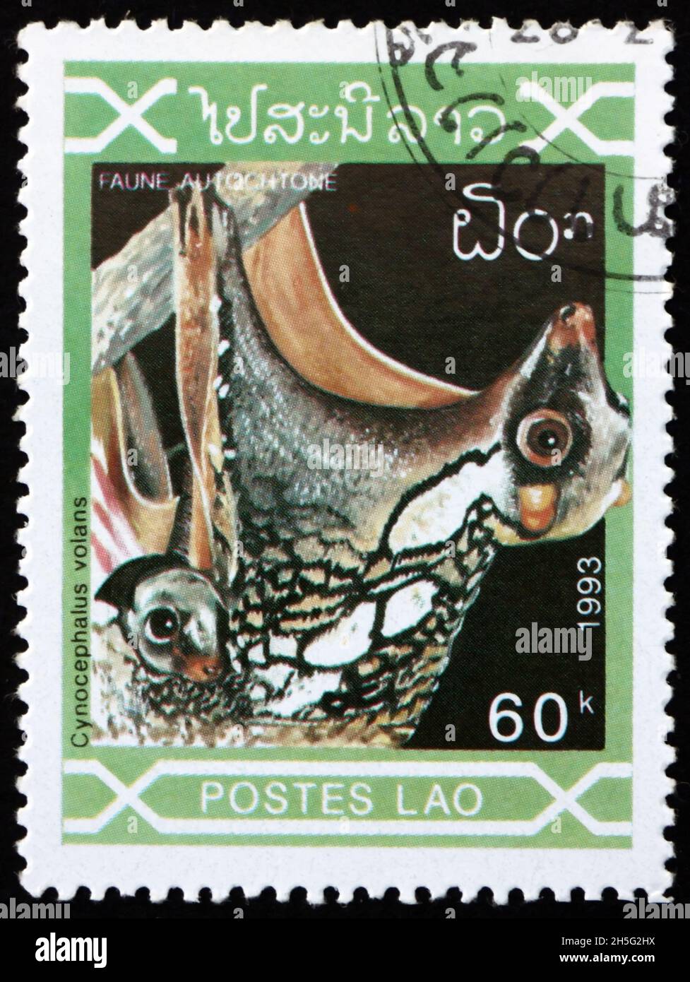 LAOS - CIRCA 1993: a stamp printed in Laos shows Sunda flying lemur, galeopterus variegatus, native to Southeast Asia, circa 1993 Stock Photo