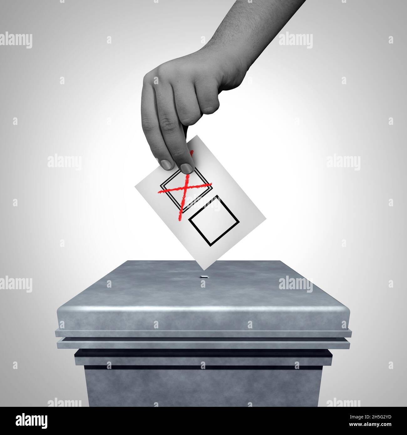 Voter Suppression and election fraud or preventing votes to be counted as an electoral campaign with a disenfranchised voting person with limited. Stock Photo