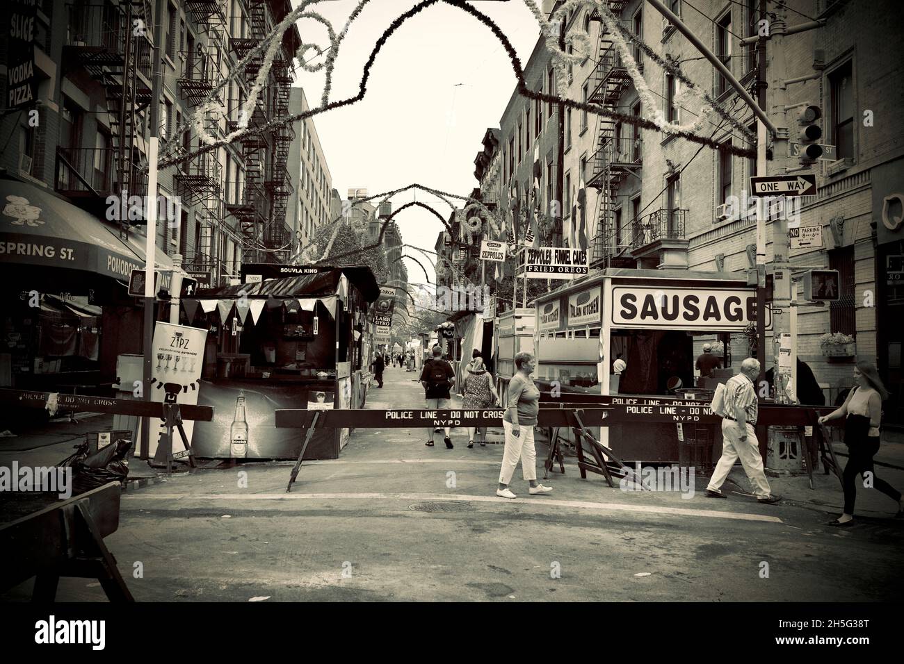 The Feast of San Gennaro is an Italian-American festival.    This is the intersection of Spring and Mulberry streets in the SoHo of NYC Stock Photo