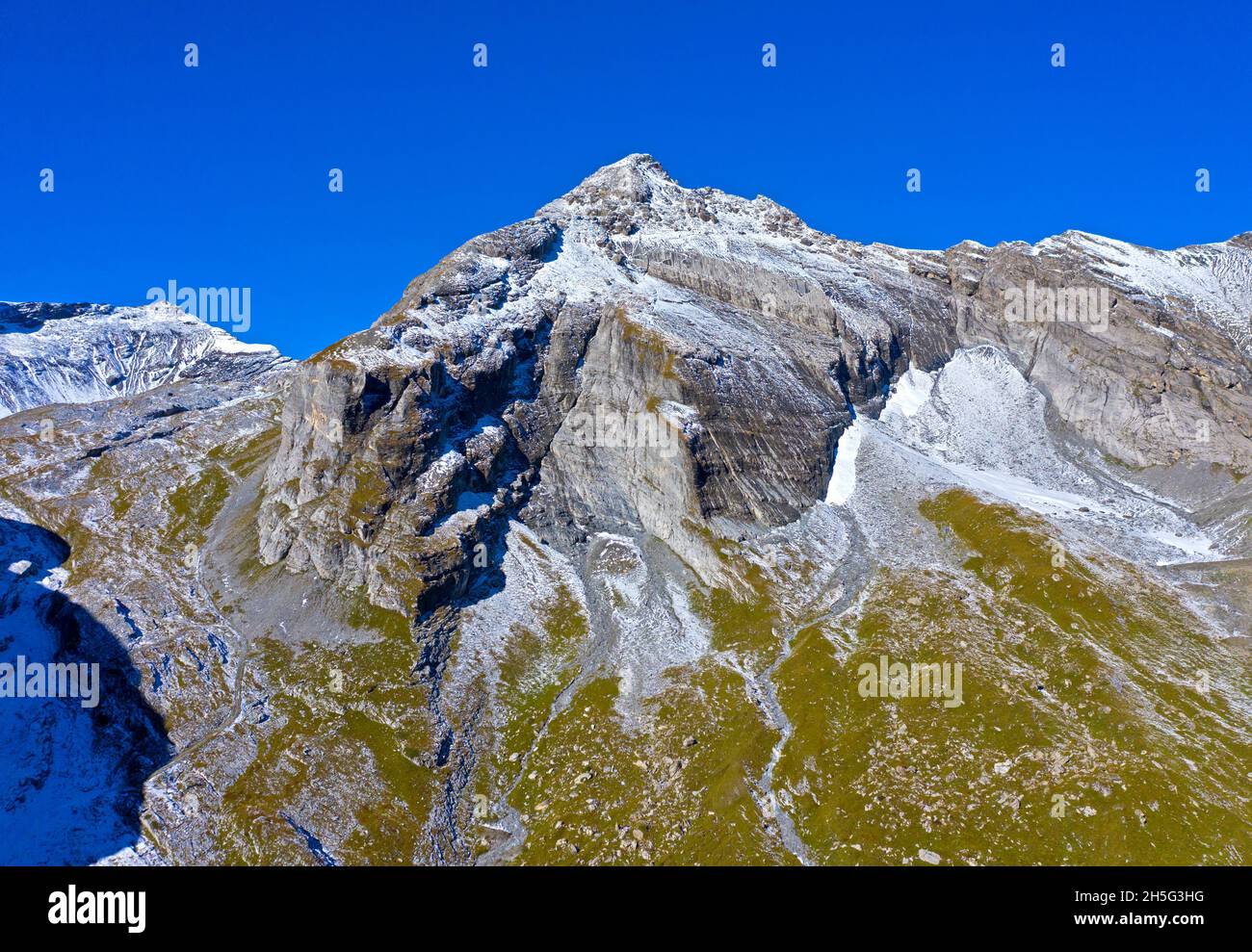 Summit Dent Favre, valley head of the Pre de Bougnonne alpine pasture, Bernese Alps, Ovronnaz, Valais, Switzerland Stock Photo