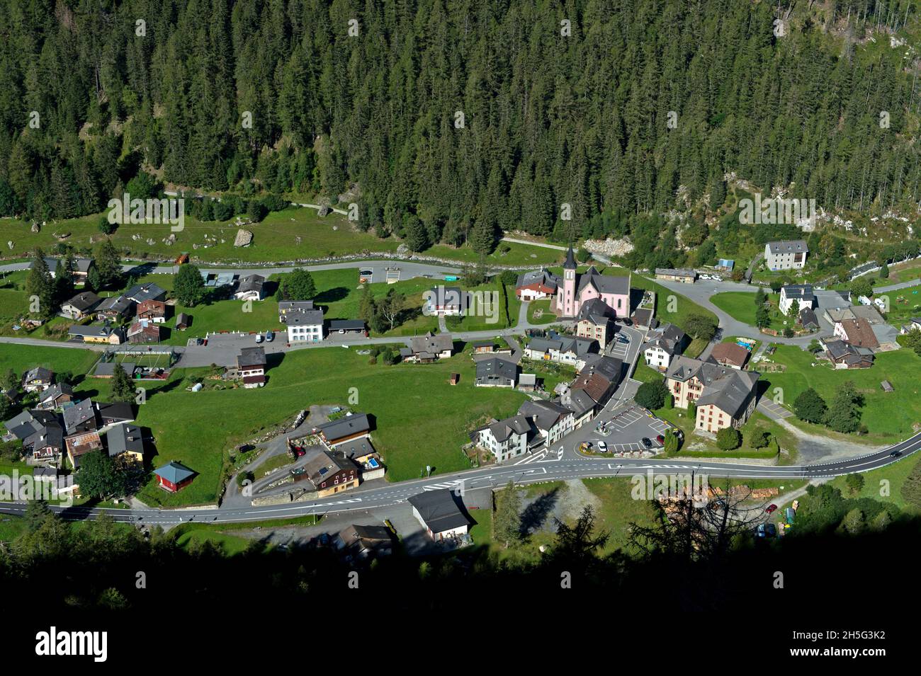 Bird's eye view on the municipality of Trient, Trient Valley, Valais, Switzerland Stock Photo
