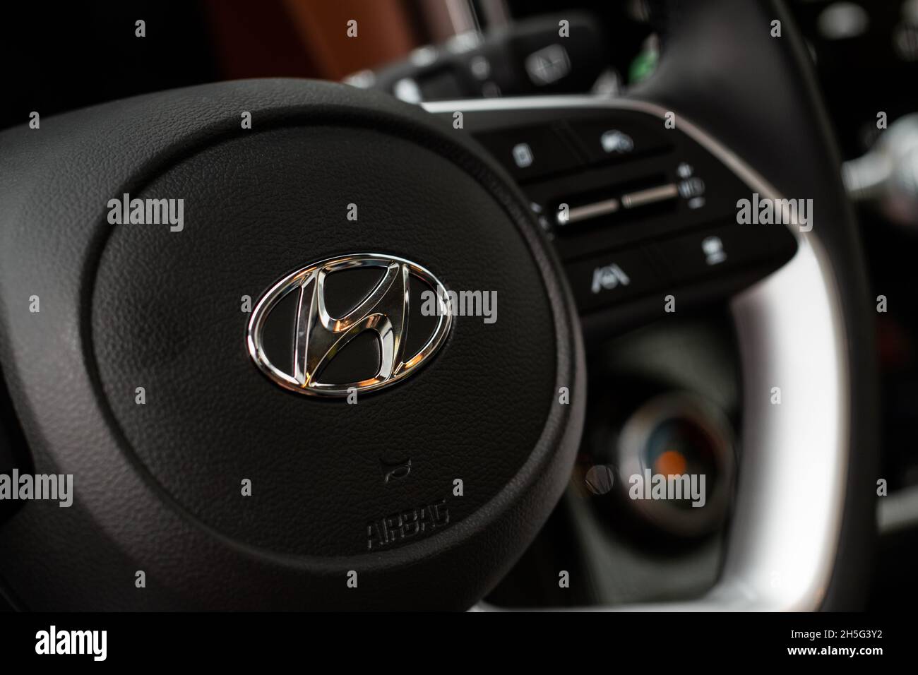 MOSCOW, RUSSIA - SEPTEMBER 15, 2021 Hyundai company logo close-up view ...
