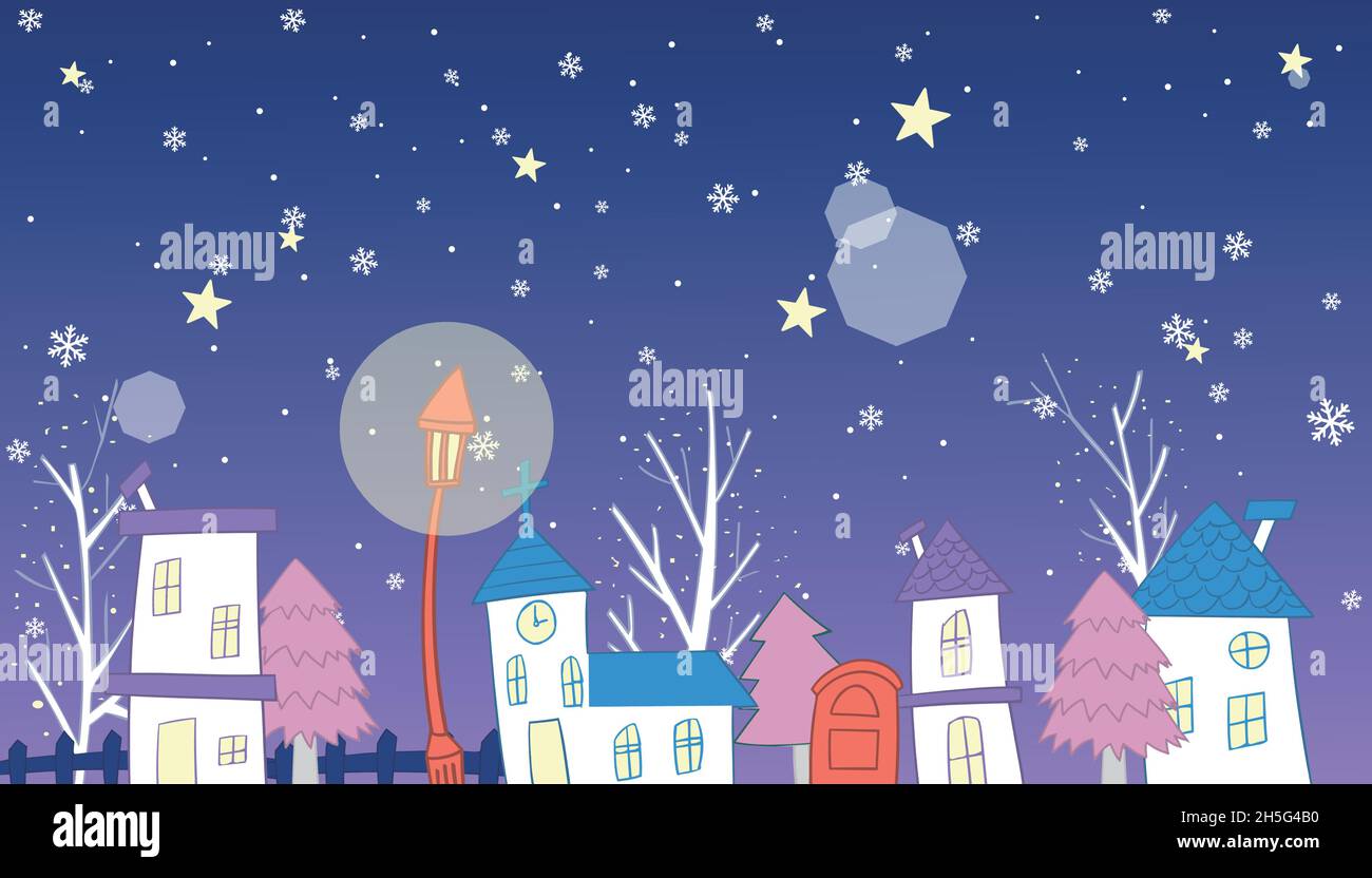 Snowy winter night small town night landscape illustration Stock Vector ...
