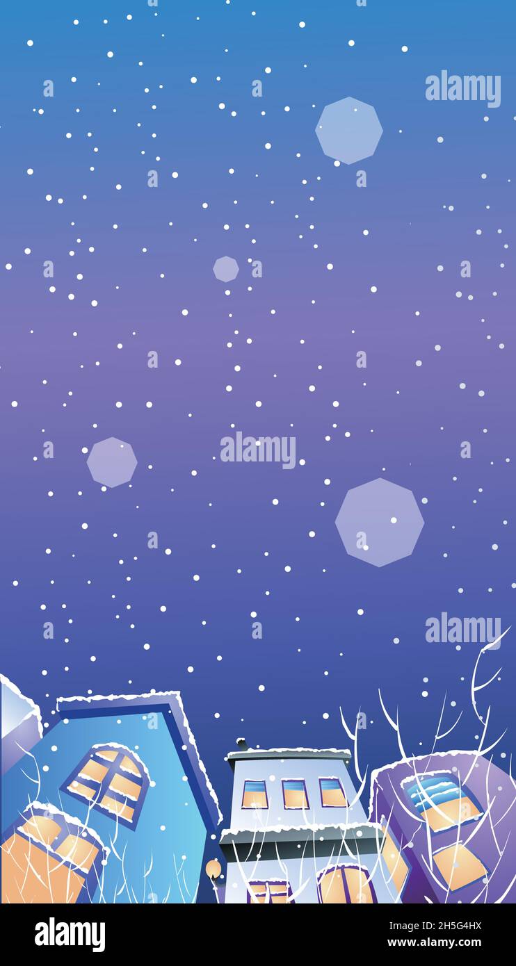 Snowy winter night landscape, night sky and small houses illustration Stock Vector
