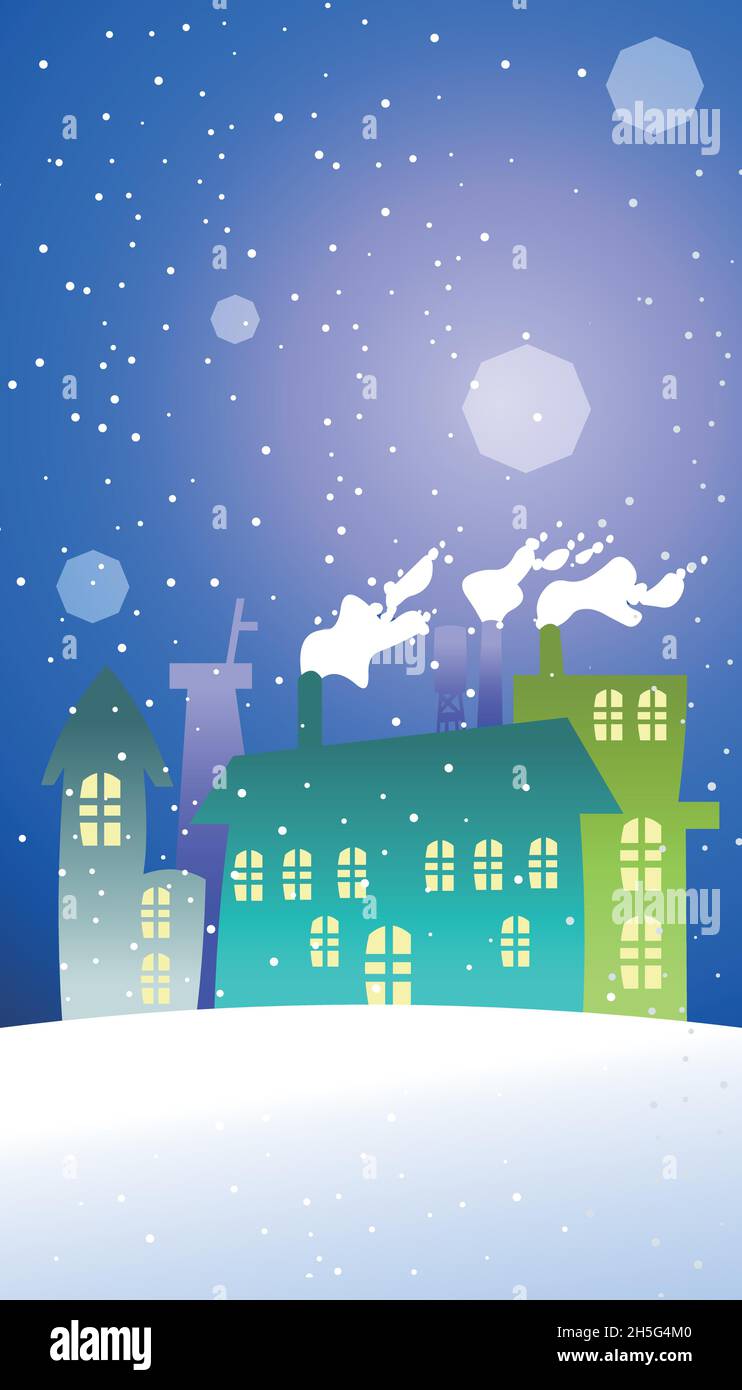 Illustration of snowflakes falling over a lit plant on a winter night ...