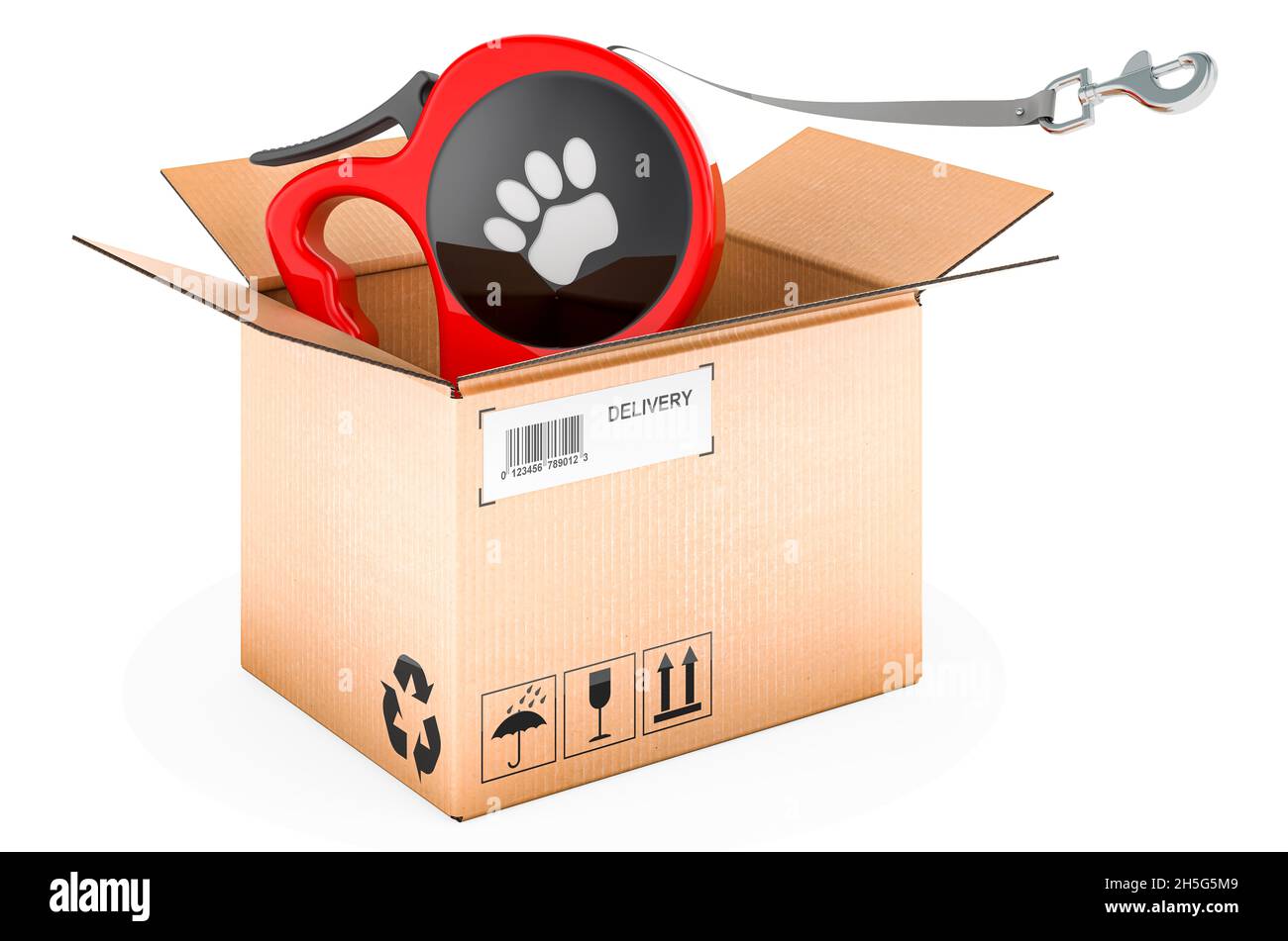 Automatic Retractable Traction Rope inside cardboard box, delivery concept. 3D rendering