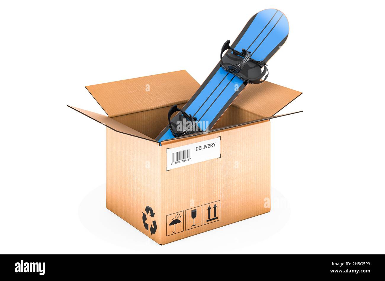 Snowboard inside cardboard box, delivery concept. 3D rendering isolated