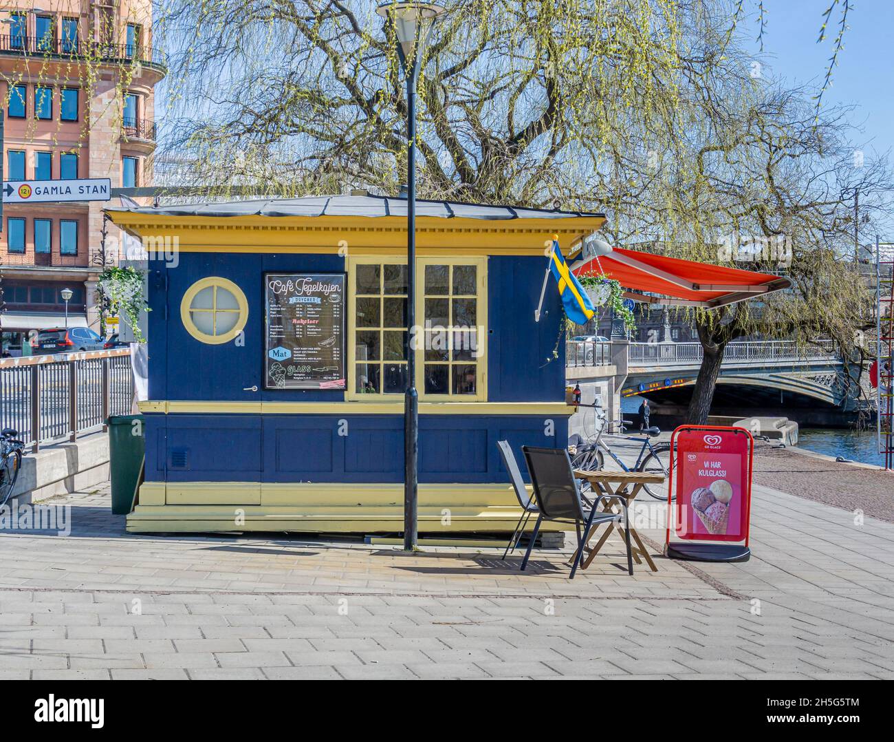 Stockholm, Sweden - April 15, 2021: Wooden hut selling ice cream and coffee during the spring and summer in center of Stockholm Stock Photo