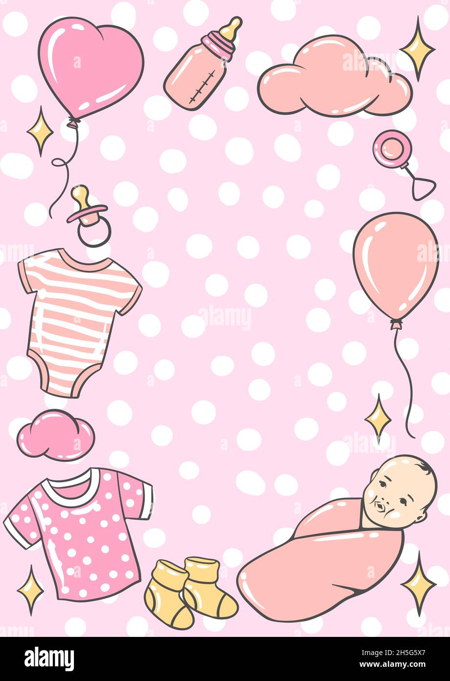 Happy Birthday decorative frame. Holiday baby girl shower celebration
