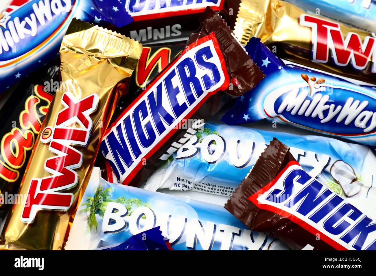 Mars, Bounty, Snickers, Milky Way and Twix chocolate bars, brands of