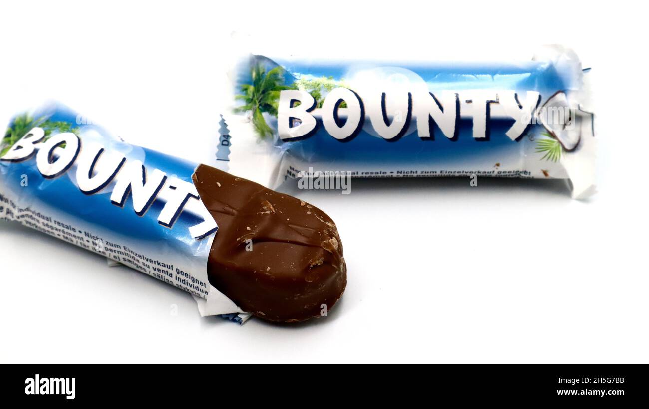 BOUNTY chocolate bar isolated on white background. Bounty  is a brand of Mars Incorporated Stock Photo