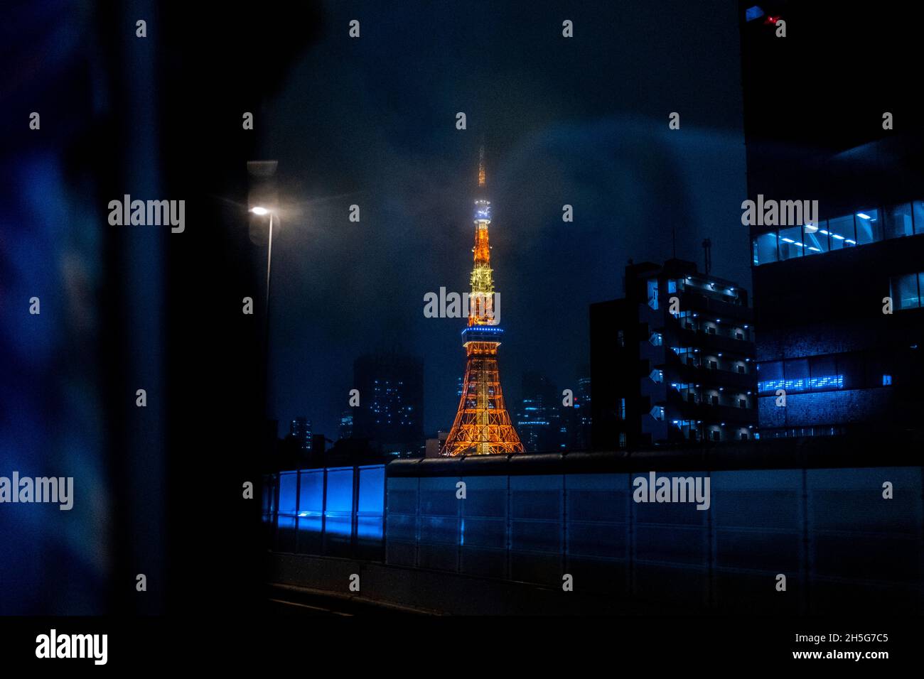 Tokio, 31.08.21: Leben in der Stadt, Aussicht auf den Tokyo Tower mit den HochhŠusern im Dunst der Abendstimmung. Stock Photo