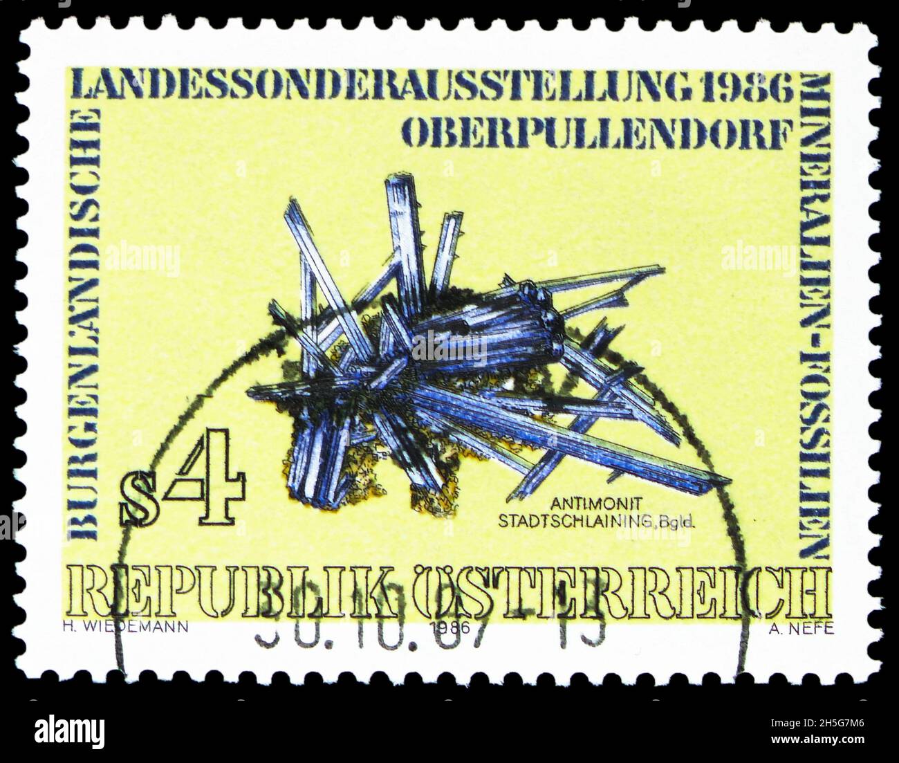 MOSCOW, RUSSIA - OCTOBER 24, 2021: Postage stamp printed in Austria shows Antimonite, Burgenland State Exhibition 'Minerals and fossiles' Oberpullendo Stock Photo