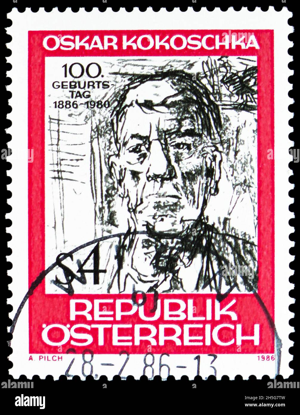 MOSCOW, RUSSIA - OCTOBER 24, 2021: Postage stamp printed in Austria devoted to 100th birthday of Oskar Kokoschka, circa 1986 Stock Photo