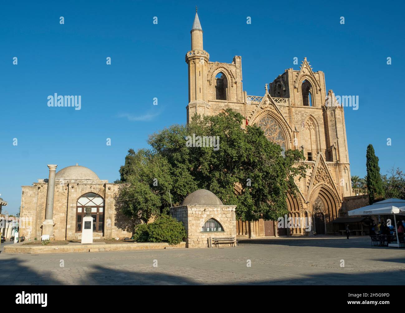 Lala Mustafa Pasha Mosque, originally known as the Cathedral of Saint Nicholas which is situated in Namik Kemal Square, Famagusta, Northern Cyprus. Stock Photo