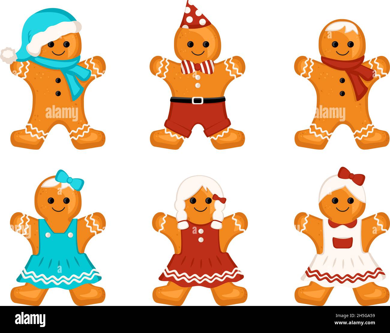 Gingerbread man and woman cookies, decoration for the new year and Christmas and holidays. Biscuits in Santa hat, dress, with glaze pattern and cheerful face. Vector flat illustration Stock Vector