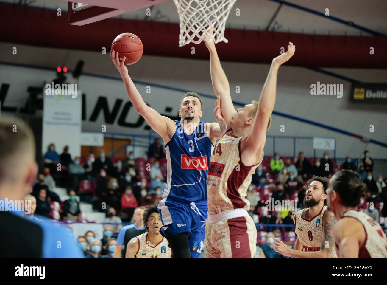 Venice, Italy. 09th Nov, 2021. Edin Atic (Buducnost Voli Podgorica) and  Martynas Echodas (Umana Reyer Venezia) during Umana Reyer Venezia vs Buducnost  Voli Podgorica, Basketball EuroCup Championship in Venice, Italy, November  09