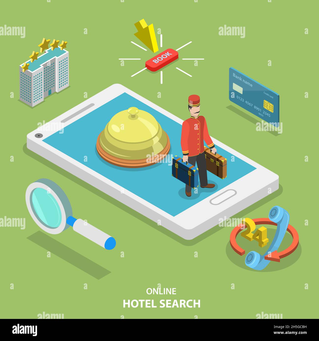 Hotel search online flat isometric vector concept. Stock Vector