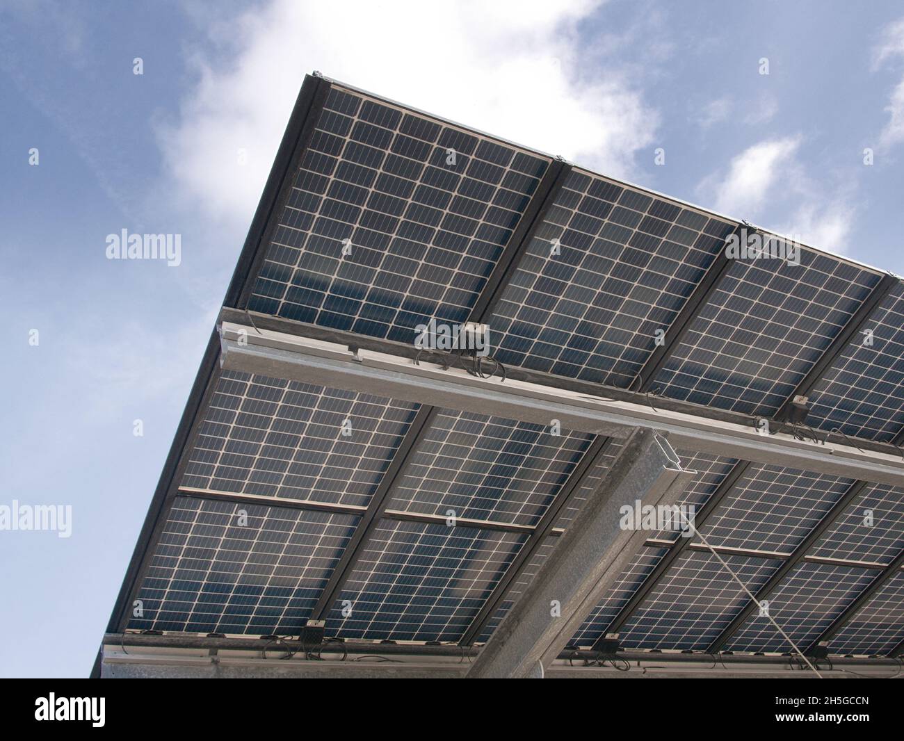 Solar panels at a car park for electric vehicles at Bloemendaal aan Zee in The Netherlands. Stock Photo