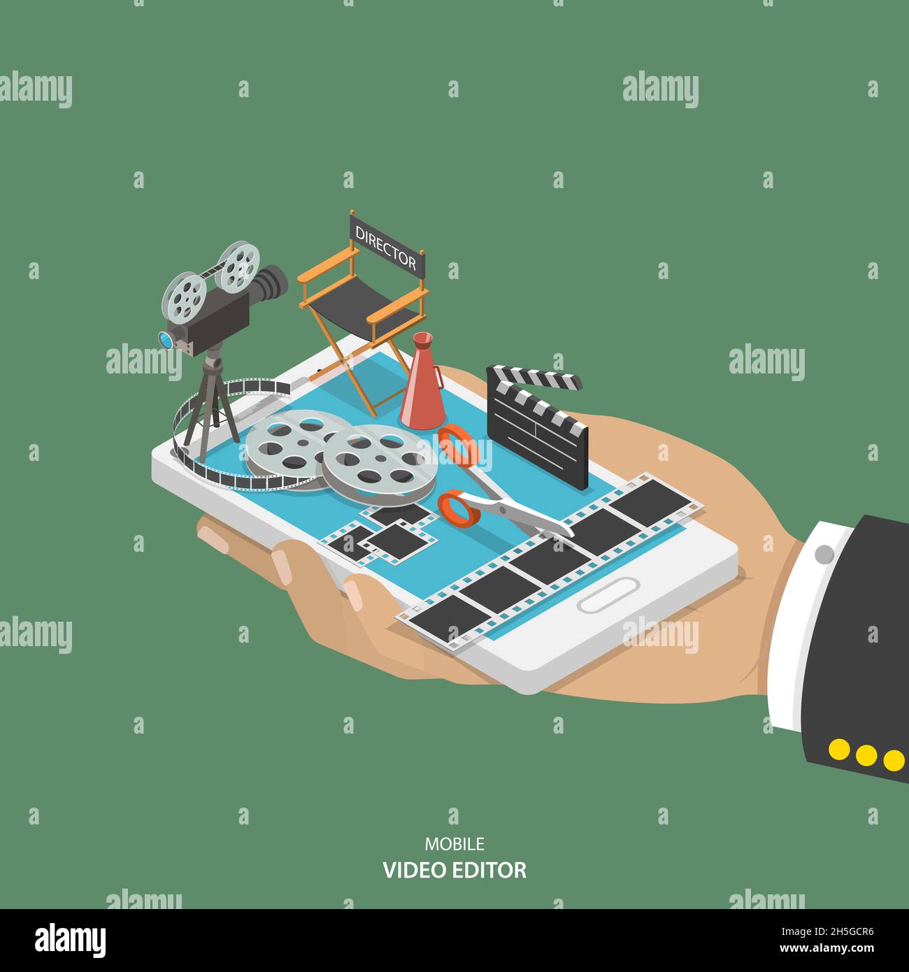 Mobile video editor flat isometric vector concept. Stock Vector