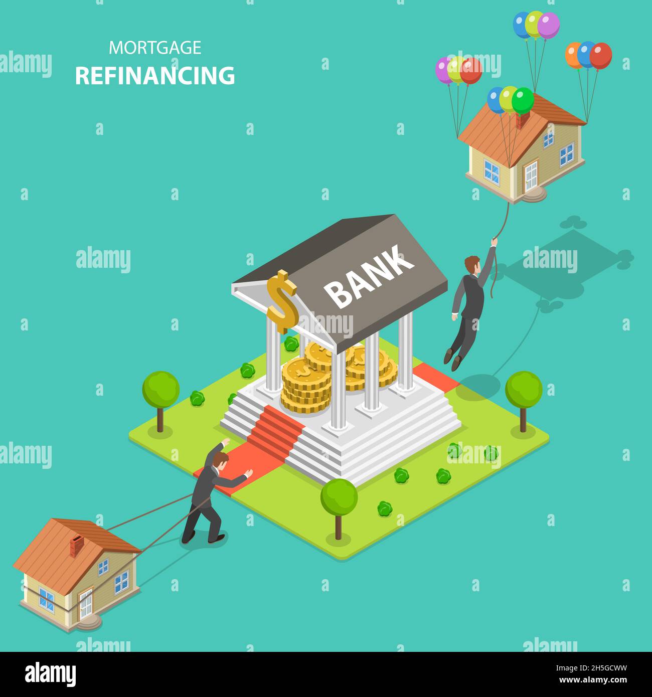 Mortgage refinancing isometric flat vector illustration. Stock Vector