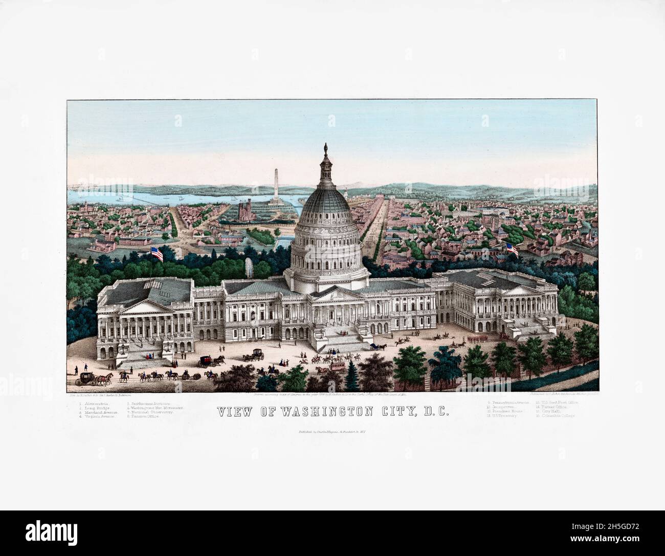 View of Washington City, D.C. / lith. by E. Sachse & Co. 104 S. Charles St. Baltimore. Bird's-eye view print. 1862. U.S. Capitol in the foreground. Stock Photo