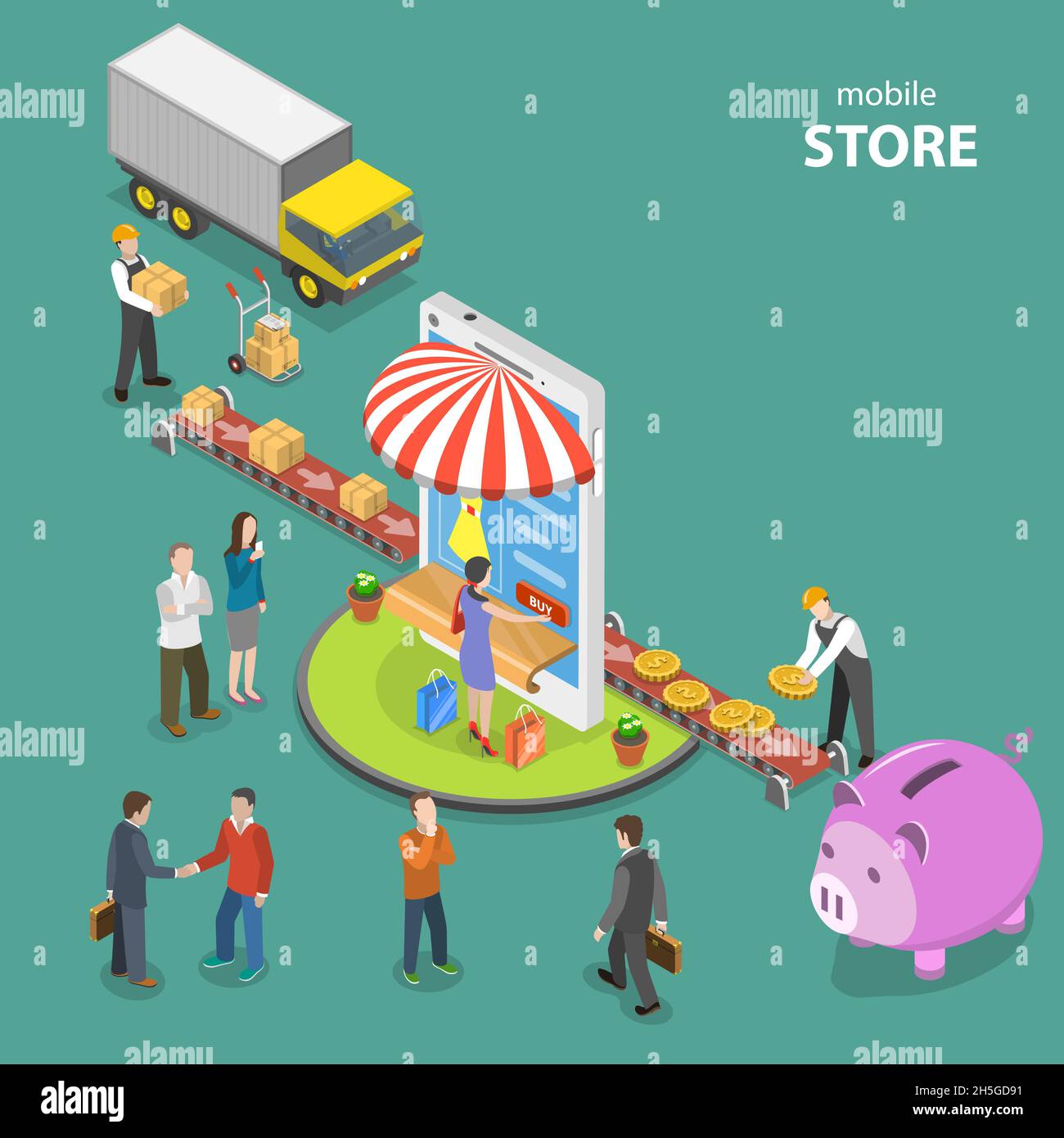 Mobile store flat isometric low poly vector concept. Stock Vector