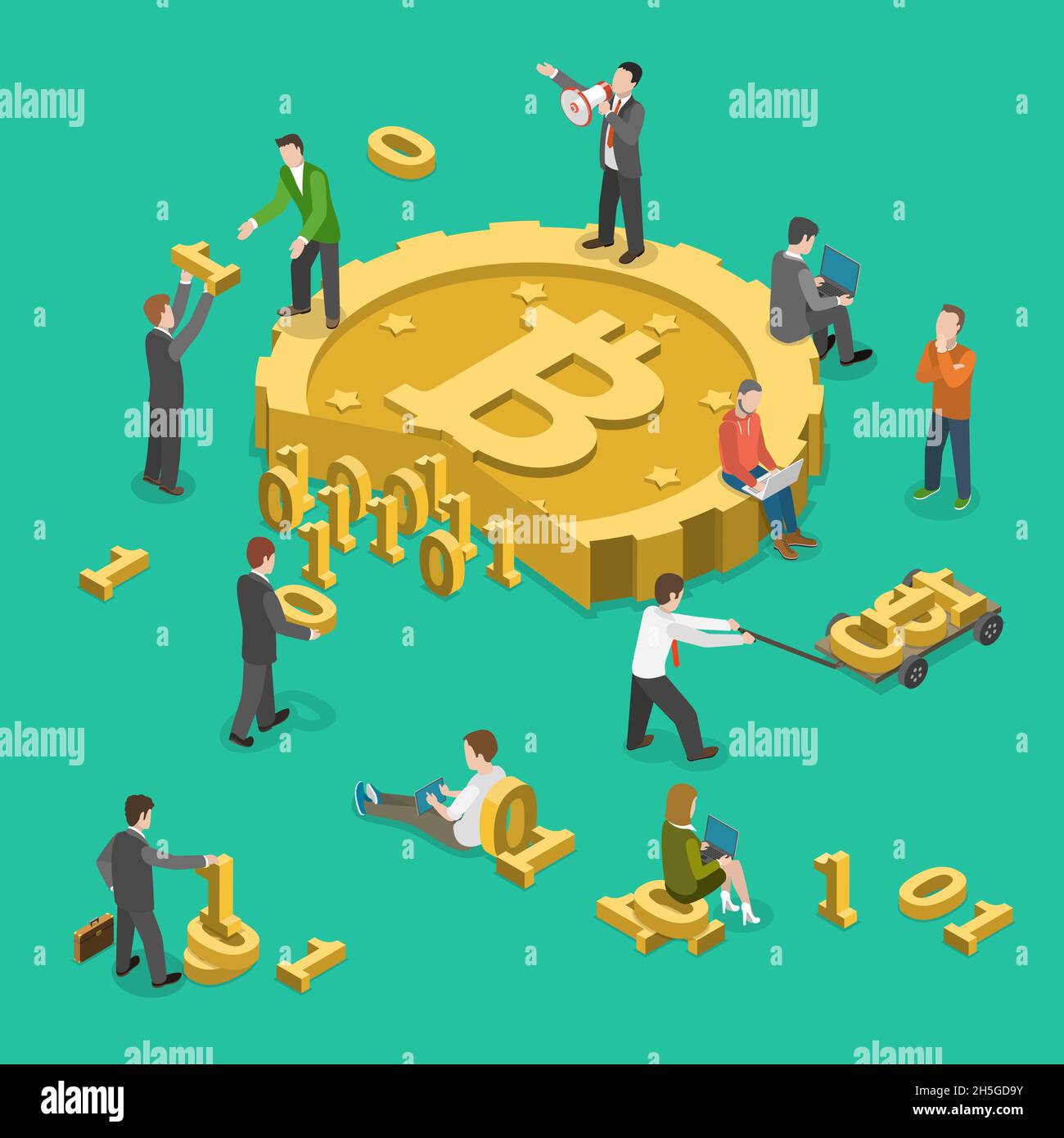 Bitcoin mining flat isometric low poly vector concept Stock Vector