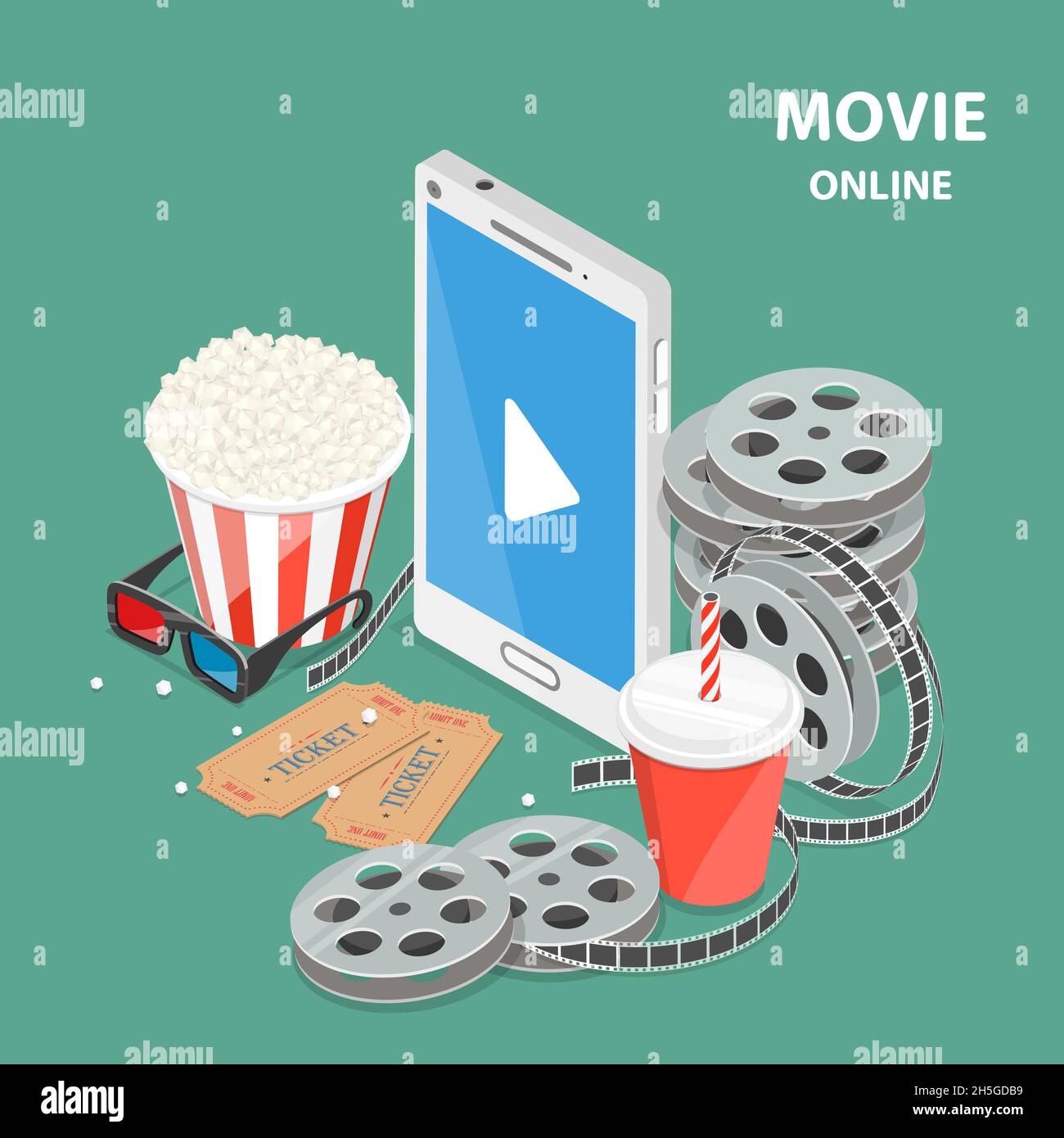 Online movie flat isometric low poly vector concept. Stock Vector