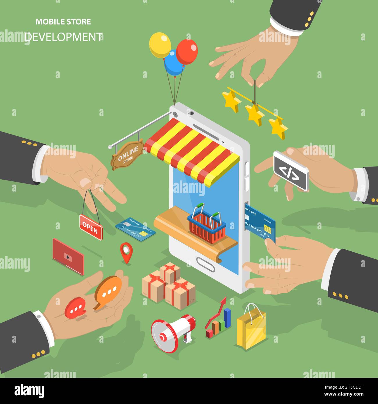 Mobile store development flat isometric low poly vector concept. Stock Vector