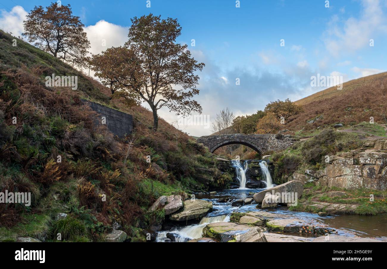 Water flows into a pool at Three Shires Head during the autumn where the counties of Staffordshire, Cheshire and Derbyshire meet. Stock Photo