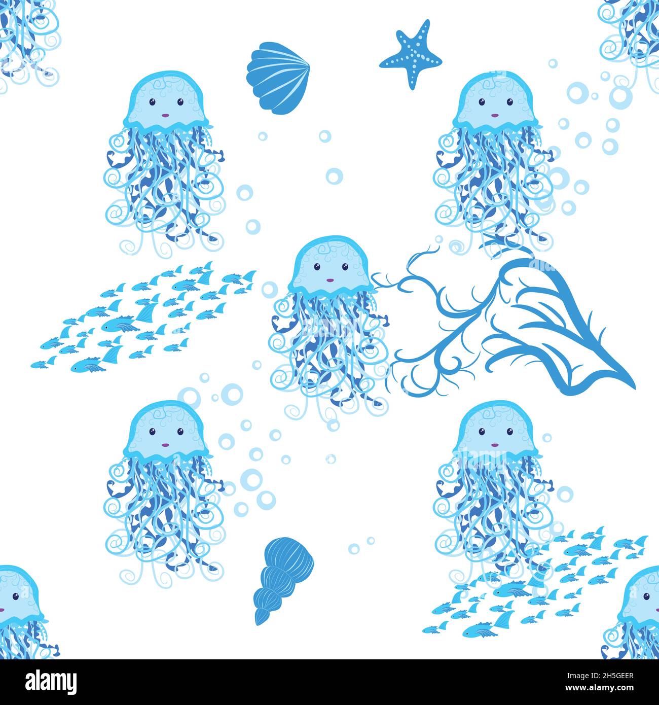 Jellyfish, fish, animals bright seamless patterns. Sea travel, snorkeling with animals, tropical fish Stock Vector