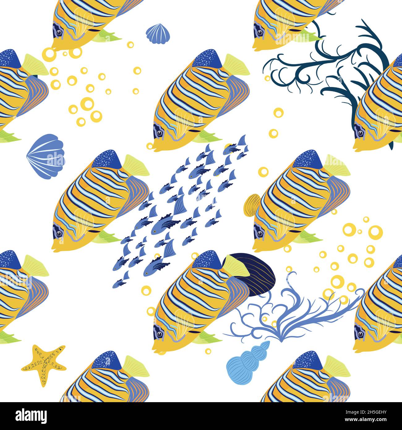 Emperor angelfish, Pomacanthus imperator seamless patterns, sea animal wildlife character. Nature underwater, marine wild ocean zoo fish Stock Vector