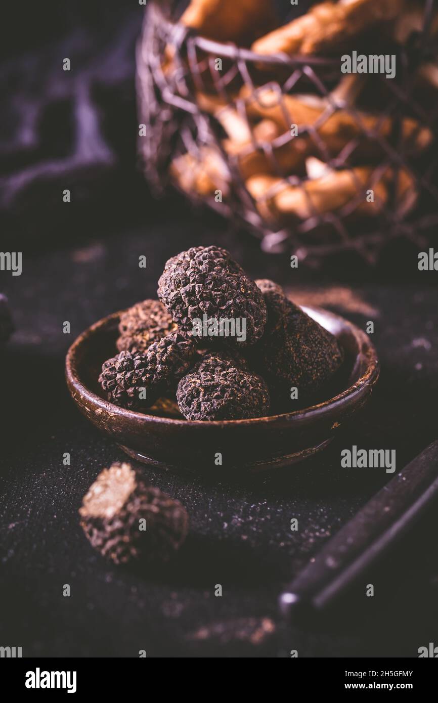 Black truffle in bowl on dark background, cooking delicacy Stock Photo