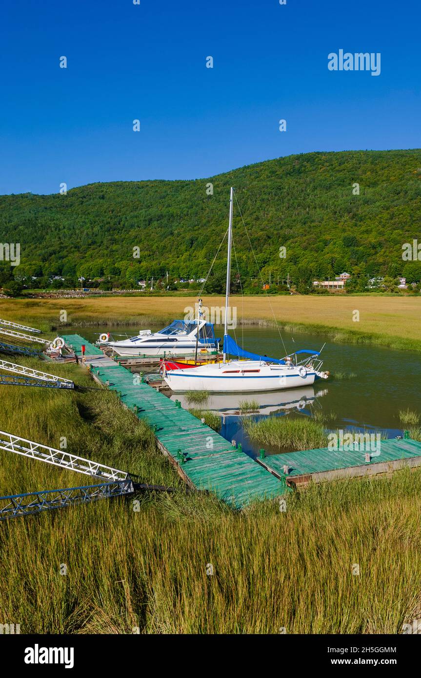 Sailboats moored in a little harbour on the Saint Lawrence River at Le