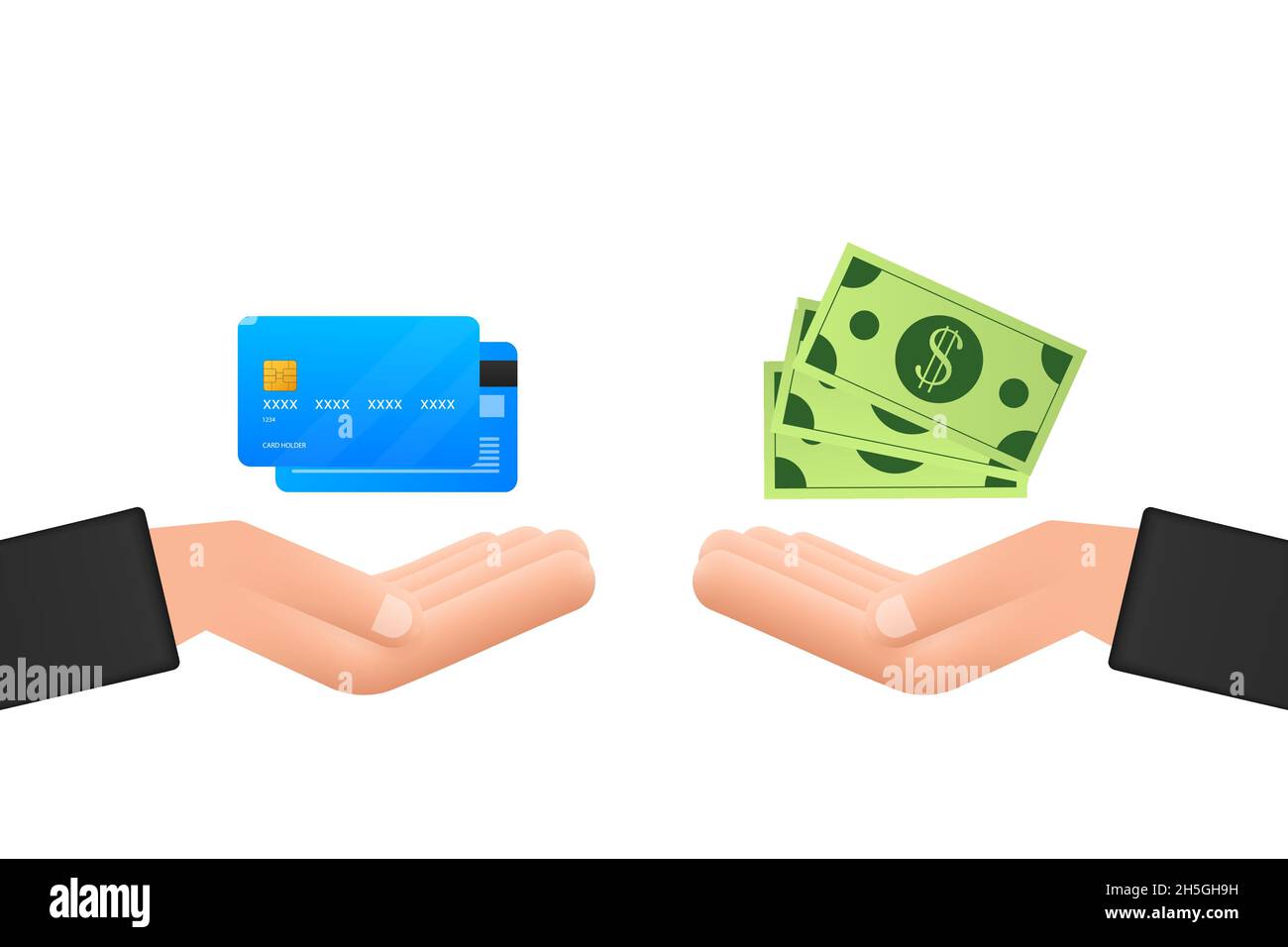 Hands holding credit plastic card and money bills. Transactions, investments and cash turnover. Vector stock illustration. Stock Vector