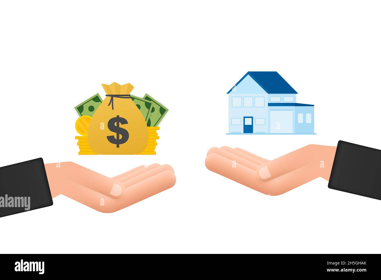 Hand holds house and key on finger and giving. Real estate agent at work, investment, mortgage, house loan, account. Stock Vector