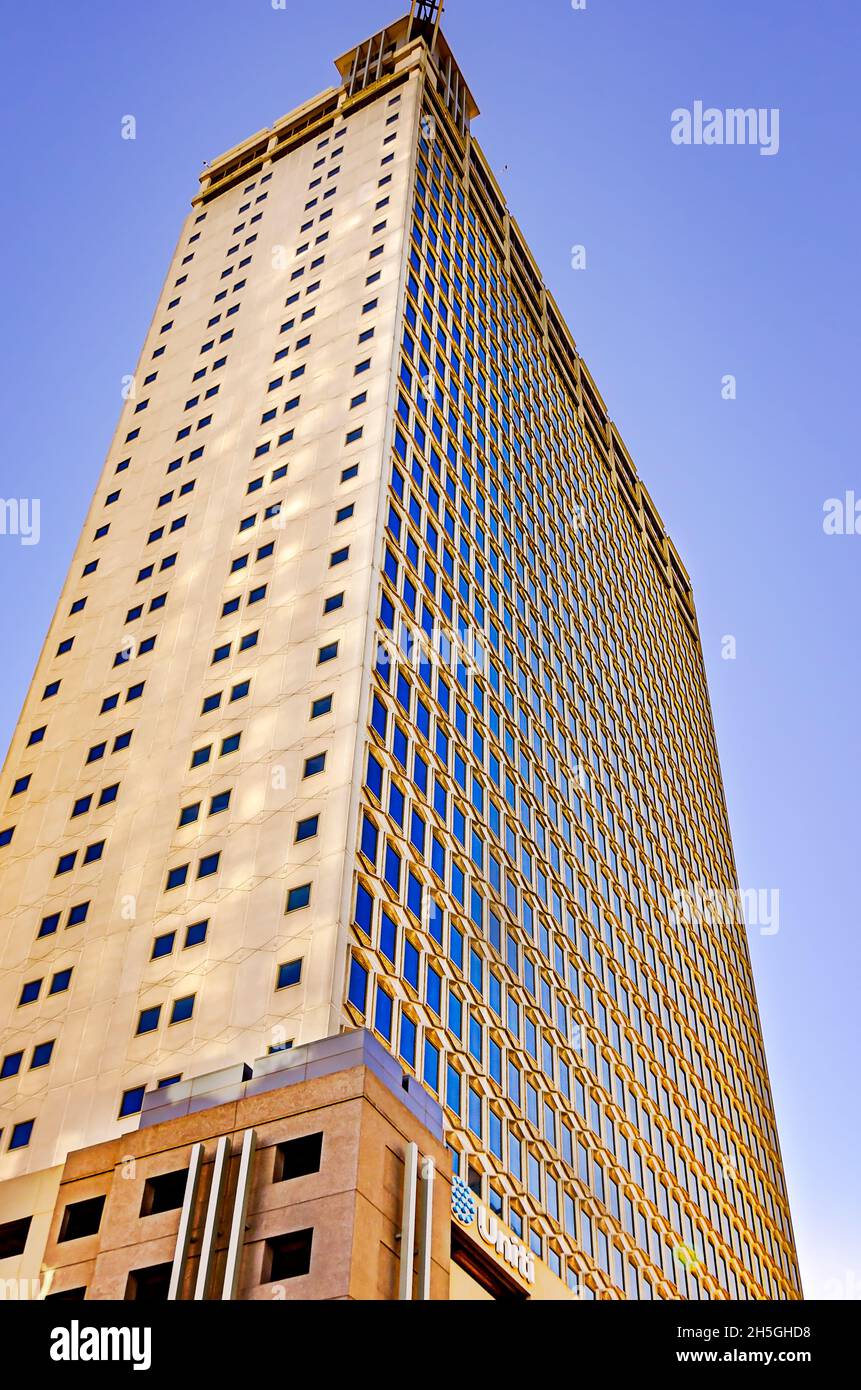 The RSA Trustmark Building, also known as the AmSouth Bank Building, the GM Building, and the RSA–BankTrust Building, is pictured in Mobile, Alabama. Stock Photo