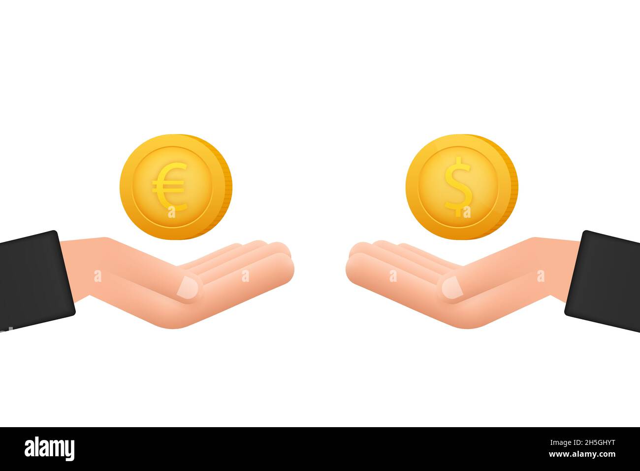 Currency exchange. Coin with dollar, euro sign. Hand and coin. Vector