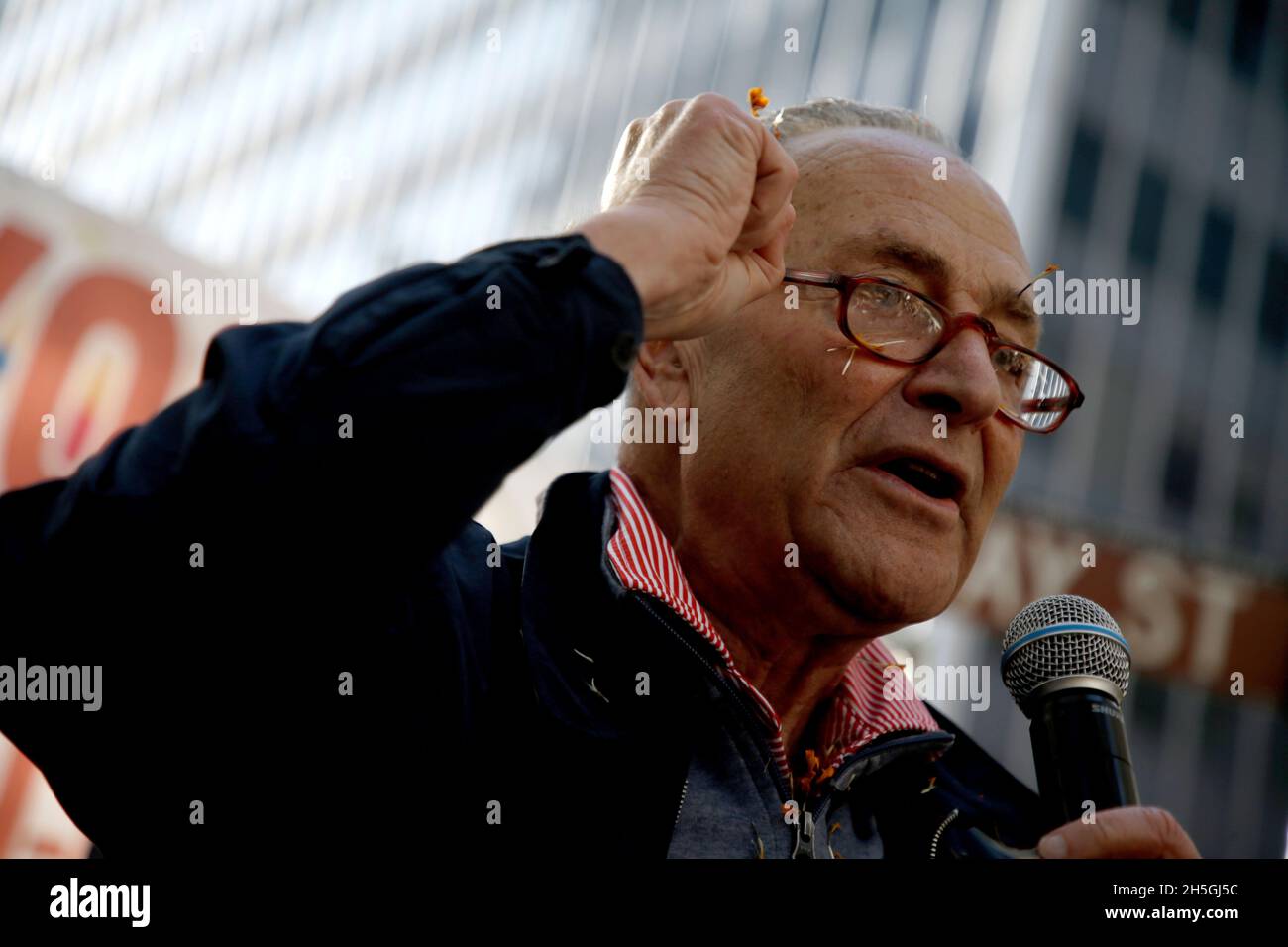 Senator Chuck Schumer (D-NY) speaks as New York City Taxi Workers Alliance hold a victory rally with Senator Chuck Schumer, their main supporter, by City Hall in celebration of their taxi medallion debt relief program on November, 9, 2021 in New York City, USA. The initial stages of the program will entail legal issues that will prevent drivers having liens on their property and “a lifetime of punishing debt”. Negotiations at the core of the program will be the financial restructuring of the loans with Marblegate Asset Management, the largest holder of taxi medallion debt. (Photo by John Lampa Stock Photo