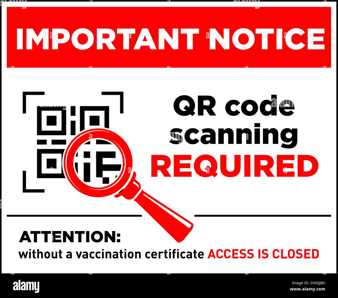 Important notice green pass required with id. QR code scanning required. Announcement before entering a public place during the coronavirus pandemic. Stock Vector