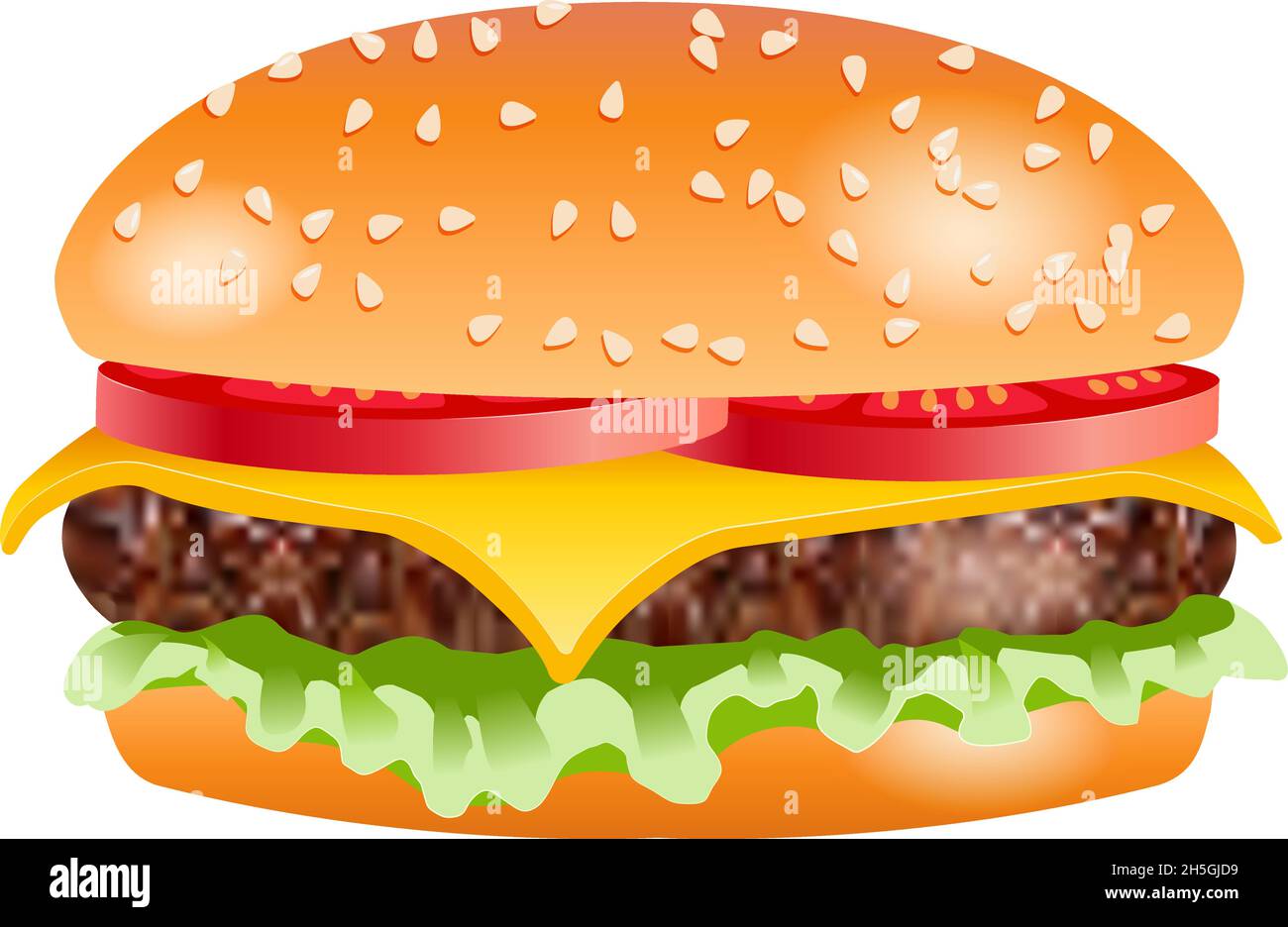 Hamburger with cheese and tomato, vector illustration Stock Vector