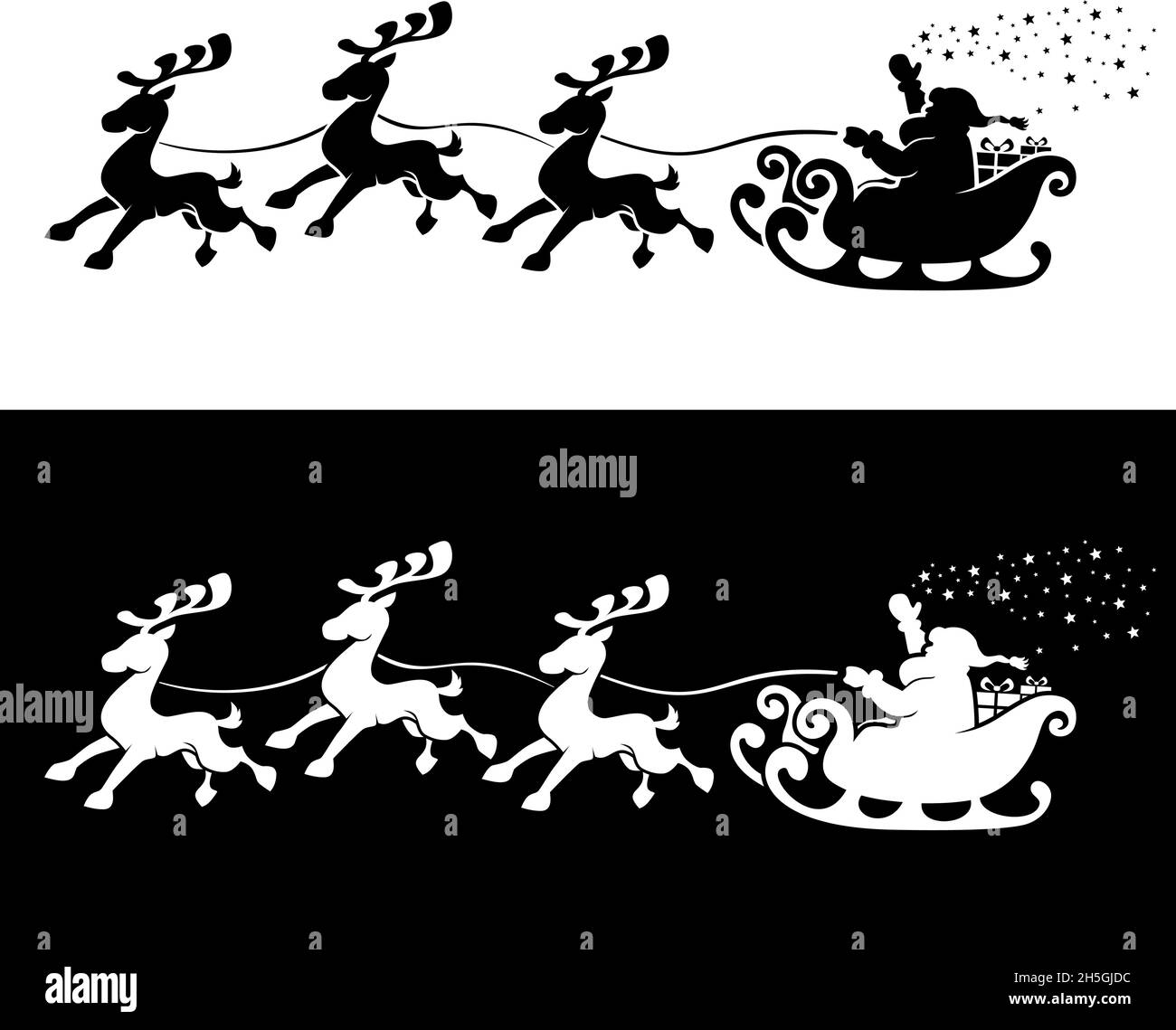 Santa Claus Silhouette in sleigh full of gifts with reindeers.  Merry christmas and Happy new year decoration. Vectop on transparent and dark backgrou Stock Vector