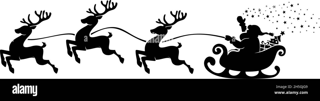 Santa Claus Silhouette in sleigh full of gifts with reindeers. Merry christmas and Happy new year decoration. Vector on transparent background Stock Vector