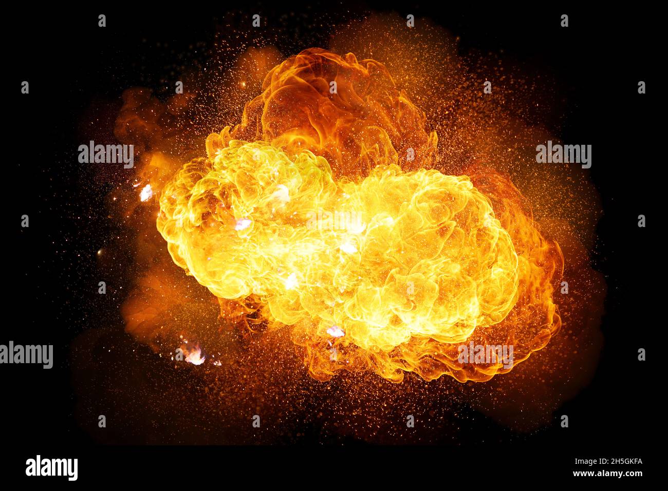 Realistic fiery explosion with sparks and smoke isolated on black ...